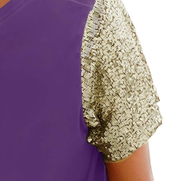 Topstype Women's Purple Short Sleeve Tee V Neck T Shirt Gold Sequin Large - Picture 3 of 4